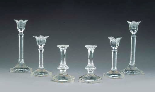 TWO PAIRS OF ORREFORS GLASS CANDLESTICKS,