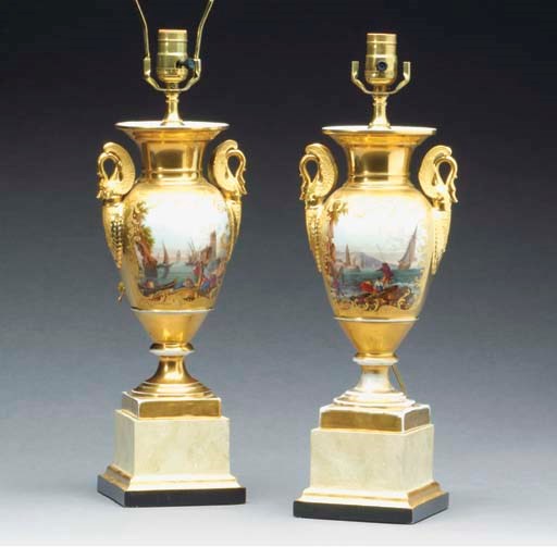 A PAIR OF PARIS PORCELAIN VASES MOUNTED AS LAMPS,