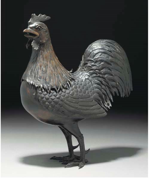 A Japanese bronze censer and cover in the form of a cockerel, Meiji Period