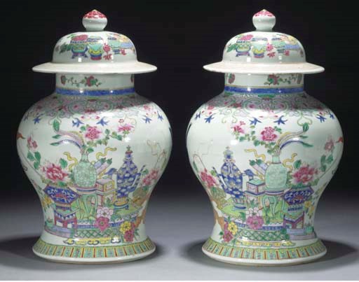 A pair of famille rose baluster jars and covers, 19th century