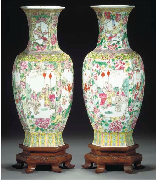 A pair of famille rose hexagonal vases, 19th century