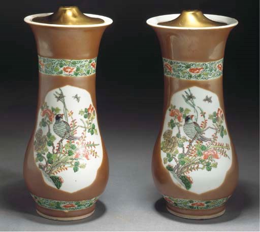 A pair of famille verte, cafe au lait ground vases, 19th century