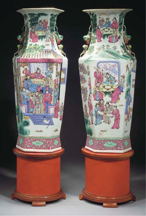 A pair of Cantonese hexagonal tapering vases, 19th century
