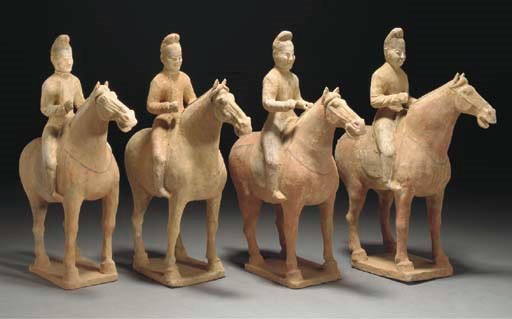 Four similar Chinese painted pottery models of equestrians, Tang Dynasty