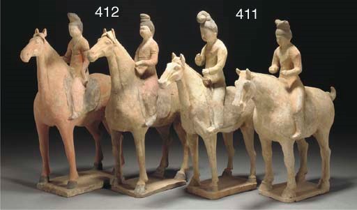 Two Chinese pottery models of horses and female riders, Tang Dynasty