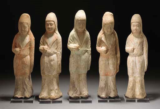 Five Chinese painted pottery figures of attendants, Tang dynasty