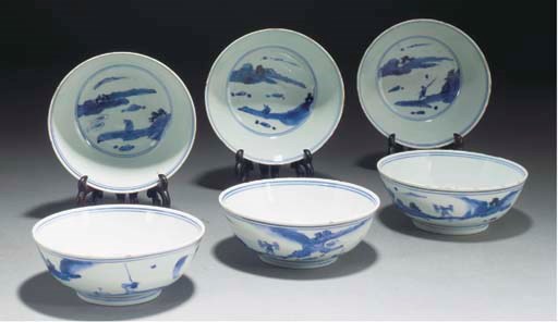 Six Chinese blue and white bowls, late Ming