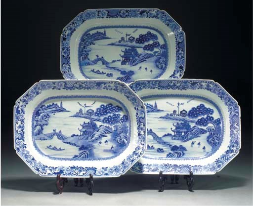 Three Chinese blue and white octagonal dishes, 18th century