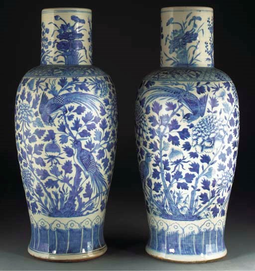 A pair of large blue and white baluster vases, 19th century