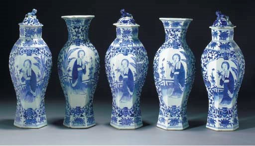 A garniture of five Chinese blue and white hexagonal baluster vases, 19th century