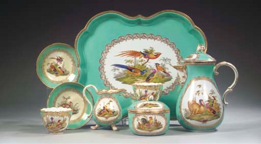 (10) A Meissen porcelain outside-decorated turquoise-ground ornithological tête à tête