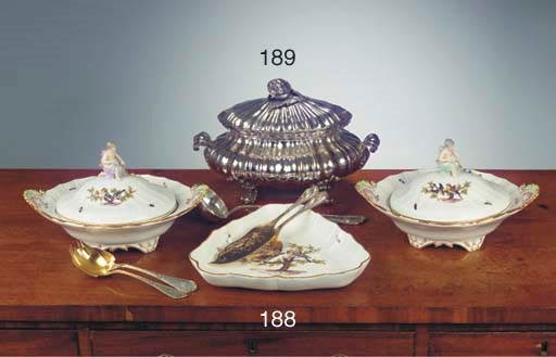 A pair of Meissen porcelain ornithological tureens and covers and a triangular dish