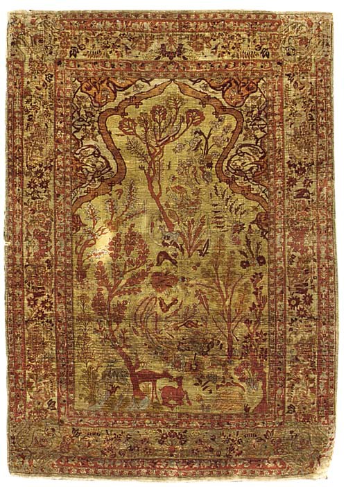 An antique silk Tabriz prayer rug