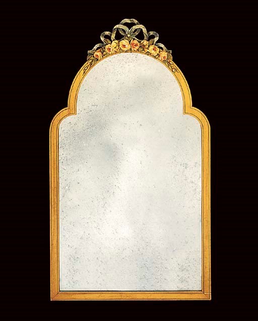 A SIMULATED SATINWOOD AND DECORATED WALL MIRROR