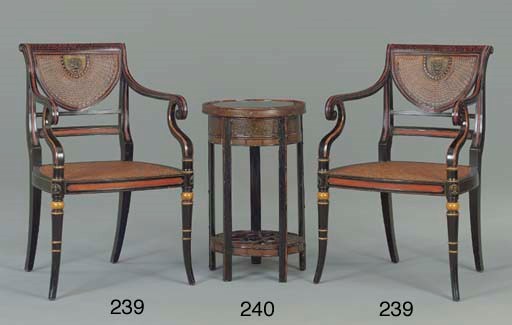 A PAIR OF REGENCY STYLE EBONIZED, RED-PAINTED AND PARCEL-GILT OPEN ARMCHAIRS