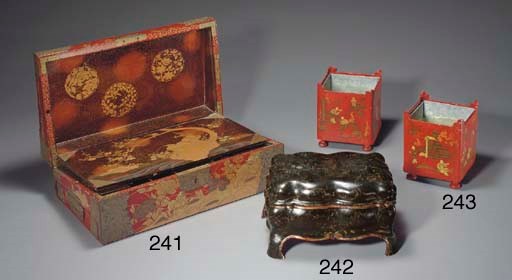 A JAPANESE EXPORT BRASS-MOUNTED SCARLET AND GOLD LACQUER LAP DESK