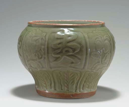 A LONGQUAN CELADON CARVED BALUSTER JAR, GUAN