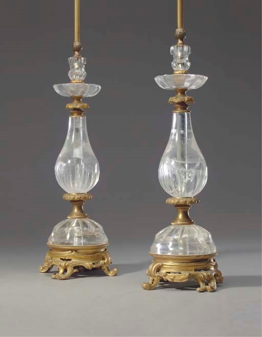 A PAIR OF ROCK CRYSTAL AND ORMOLU LAMPS