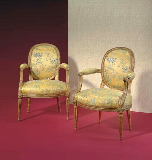 A NEAR SET OF SIX LOUIS XVI GILTWOOD FAUTEUILS