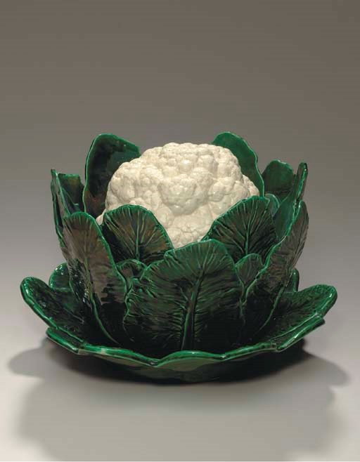 A FRENCH MAJOLICA CAULIFLOWER TUREEN COVER AND STAND