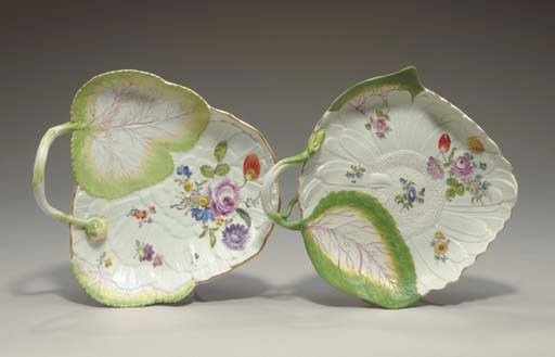 TWO MEISSEN LEAF-SHAPE DISHES
