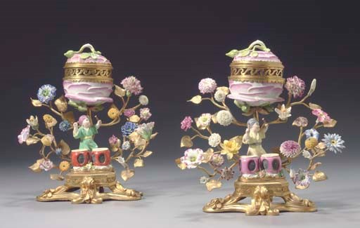 A PAIR OF FRENCH ORMOLU-MOUNTED SAMSON PORCELAIN BRULE PARFUMS