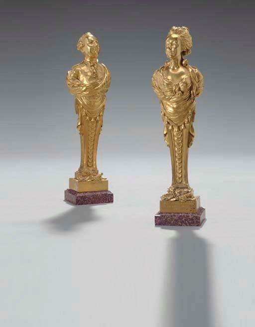 A PAIR OF LOUIS XVI ORMOLU AND PORPHYRY BUSTS OF MARIE ANTOINETTE AND LOUIS XVI