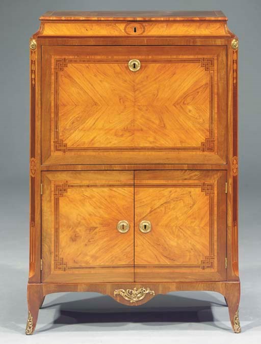 A Dutch mahogany, tulipwood, amaranth, fruitwood and marquetry secretaire a abattant