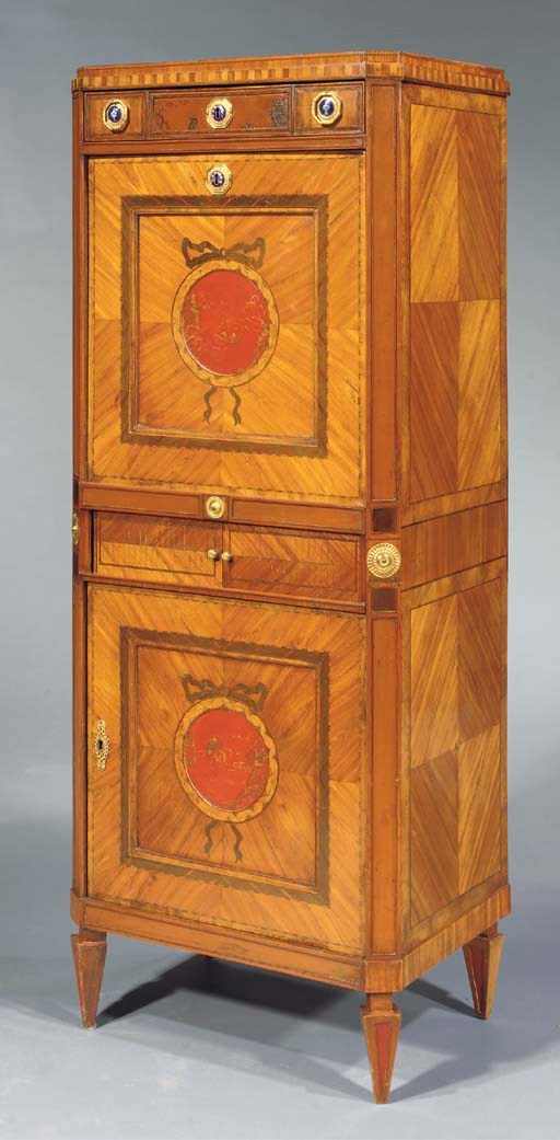 A Dutch gilt-bronze-mounted tulipwood, walnut, fruitwood and japanese lacquer secretaire a abattant