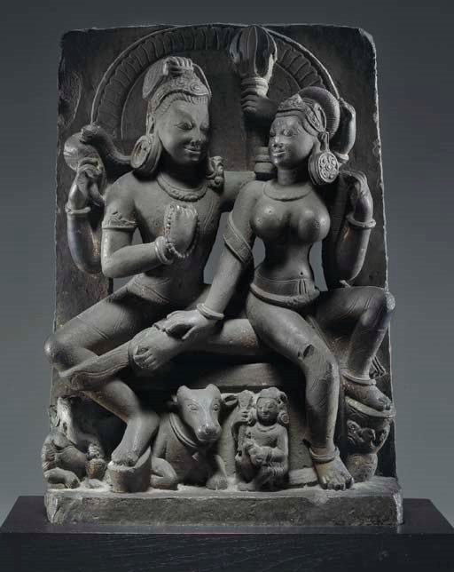 A Black Stone Stele of Shiva and Parvati, Umamaheshvara
