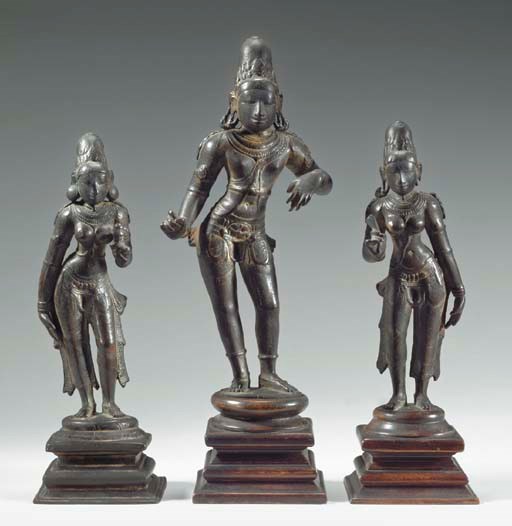 A Rare Bronze Group of Krishna the Regal Cowherd with Consorts