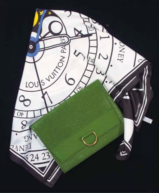A Louis Vuitton clutch bag of green textured leather with gold-coloured clasp, the interior stamped with LOUIS VUITTON, Paris, , with felt 'envelope' stamped LV; and a Louis Vuitton promotional silk scarf, in boxSee Illustration 	 (2)