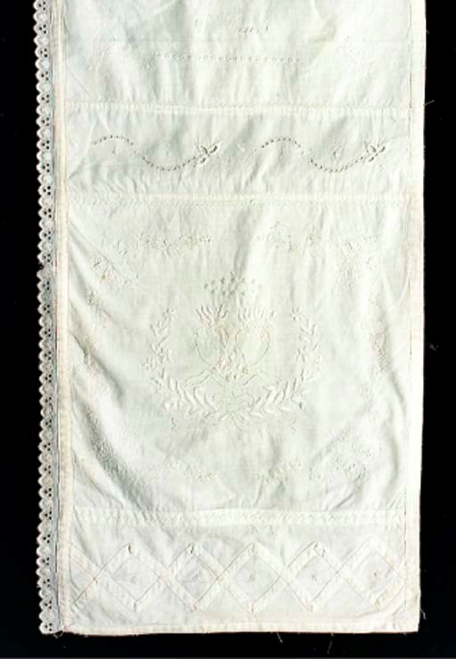A whitework school sampler, with a series of sections worked in various techniques including cutwork, smocking, pulled threadwork and knitting, with alphabets embroidered in red cross-stitch, the lower sections worked in white with the inscriptions 'SELBY, ENGLAND' and 'PENSIONNAT DES RELIGIEUSES URSULINES' above a pair of flaming hearts, trimmed with a broderie Anglaise border--168 x 13in. (448 x 33cm.), 1880s