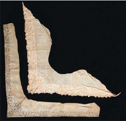 A collection of laces including a shadow-work fichu, worked with a floral ribbon meander, 1740s--74cm on longest side; another of fine cotton embriodered with hammered metal thread with a leafy border, also 18th century(a lot)