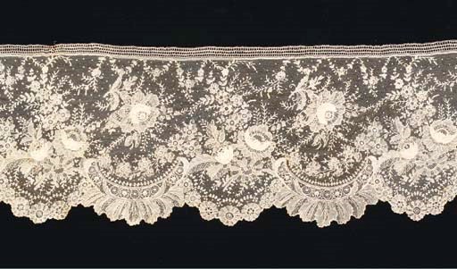 A flounce of Brussels Point de Gaze needle lace, worked with scallopped edges of alternationg rosees and leaves, on a hand made net, 1860s--463cm x 21cm; and a collection of various laces(a lot) See Illustration of Point de Gaze