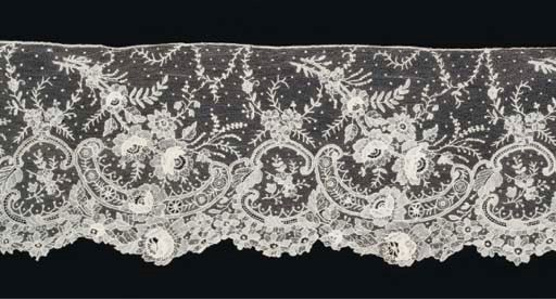 Two flounces of Brussels Point de Gaze needle lace, worked with ribbons of raised roses and a scallopped edge, late 19th century--the first 18cm x approximately 352cm, the second 32cm x 464cm
