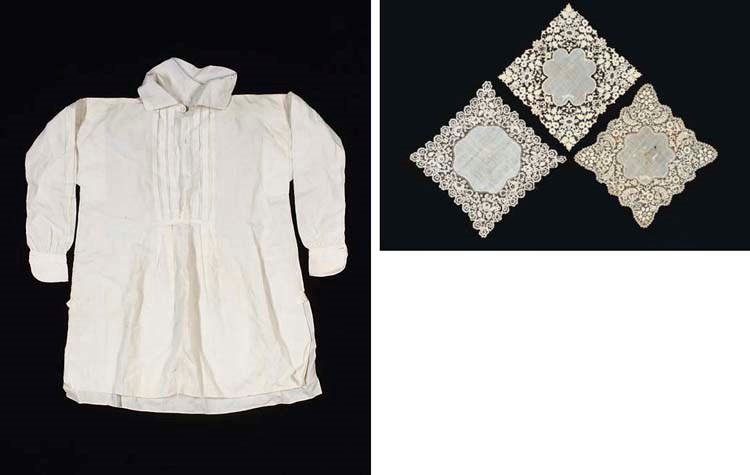 A collection of linen and laces including a shirt of fine cotton, embroidered with the Royal Monogramme 'A' beneath the Prince of Wales feathers, numbered 30, said to have belonged to His Royal Highness, Prince Albert, Prince of Wales; and a collection of various laces(a lot)See Illustration of the Shirt and of a selection of handkerchiefs