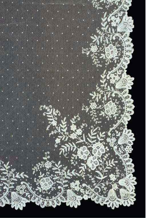 A Brussels lace shawl of applied bobbin lace, worked with a floral border and a spotted net ground, late 19th century--184cm square; and a collection of various laces(a lot)See Illustration