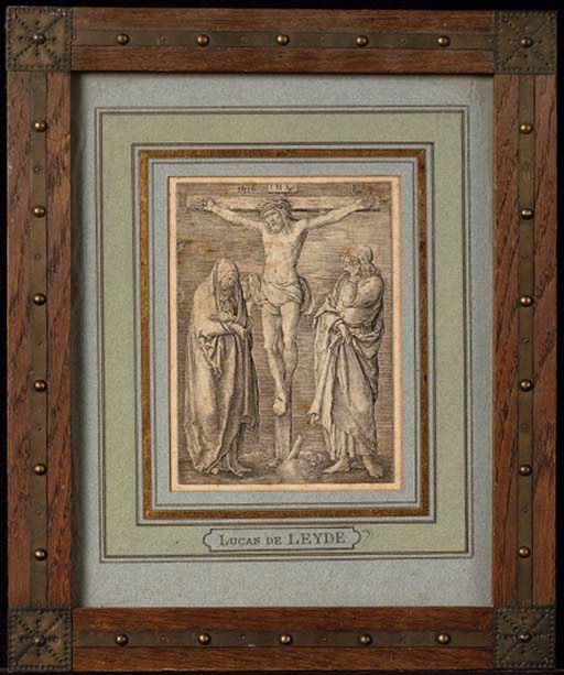 LUCAS DE LEYDE (1494-1533) LA CRUCIFIXION (H.75) burin, 1516, de la série La Passion, impression tardive, réduit à l'image, papier légèrement insolé, piqûres, salissures, petit manque de 1cm dans le bord supérieur gauche, déchirures et pliures dans l'angle supérieur droit, non examiné hors de son cadre