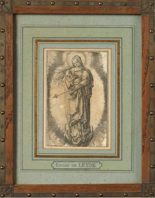 LUCAS DE LEYDE (1494-1533) VIERGE A L'ENFANT (H.82) burin, 1523, impression tardive, réduit à l'image, taches d'humidité, salissures, manques et nombreuses restaurations, non examiné hors de son cadre