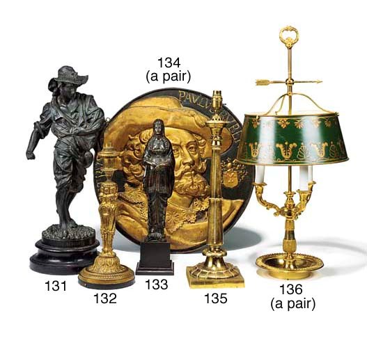 A PAIR OF GILT METAL THREE BRANCH BOUILLOTTE LAMPS