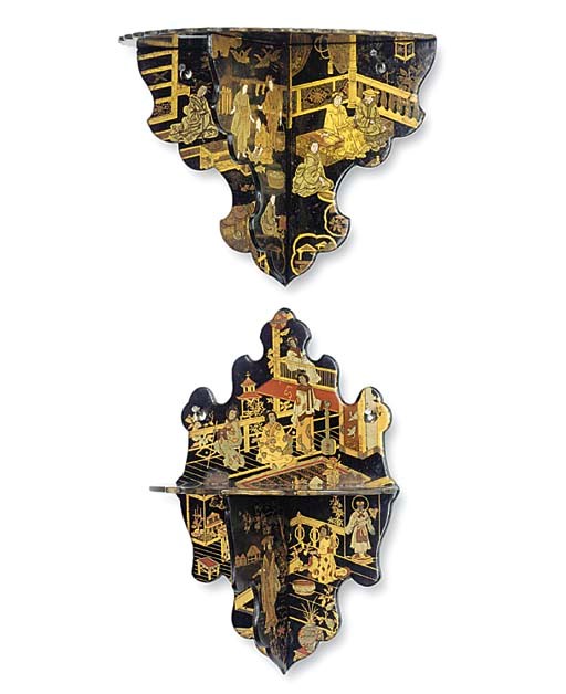 A GROUP OF FIVE MINIATURE PAPIER MÂCHÉ FOLDING WALL BRACKETS