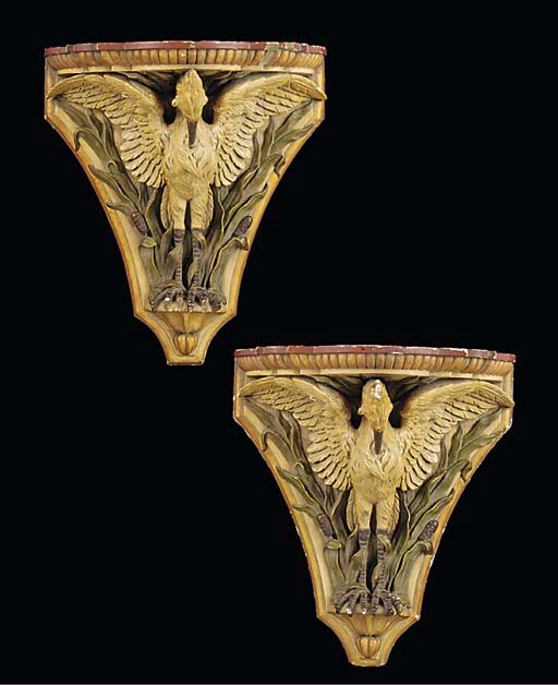 A PAIR OF POLYCHROME PLASTER WALL BRACKETS