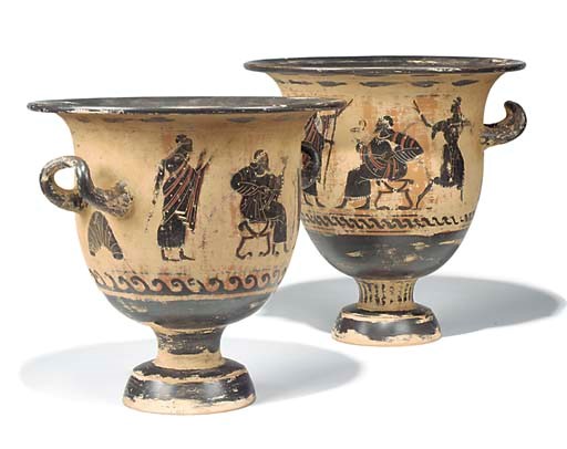 TWO POLYCHROME PAINTED TERRACOTTA KRATER URNS