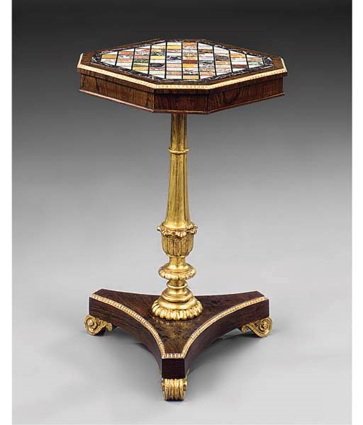 A ROSEWOOD AND GILTWOOD SPECIMEN MARBLE OCCASIONAL TABLE