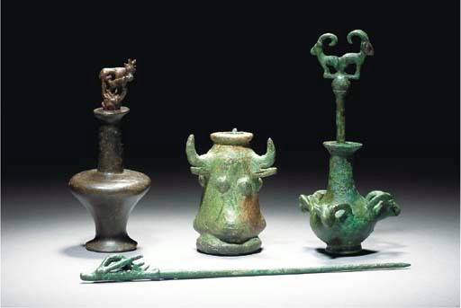 TWO BACTRIAN BRONZE OINTMENT JARS WITH PINS