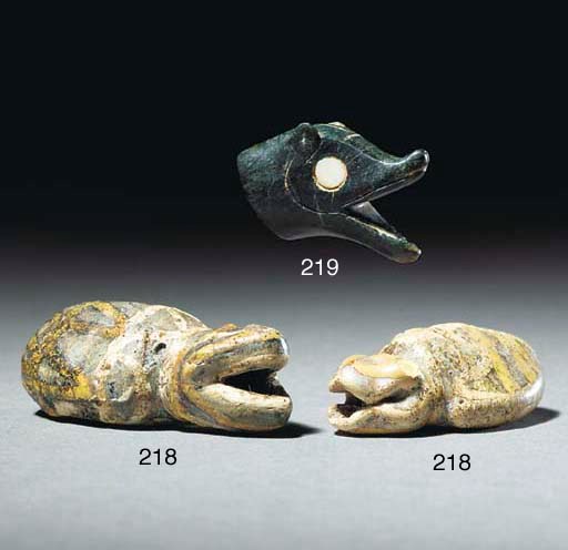 TWO ACHAEMENID IRIDESCENT GLASS TURTLE PENDANTS