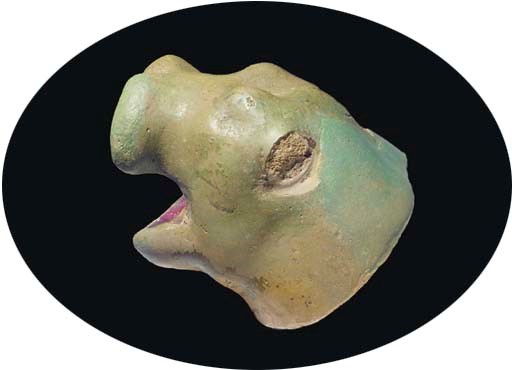 AN EGYPTIAN GREEN FAIENCE HIPPOPOTAMUS HEAD