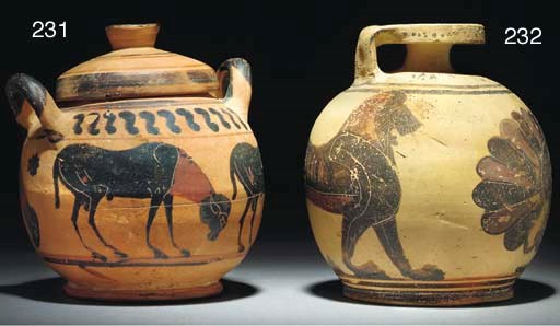 A CHALCIDIAN POTTERY PYXIS WITH LID, ATTRIBUTED TO THE LEIPZIG AMPHORA GROUP