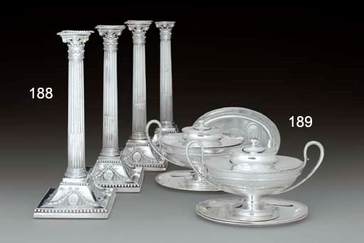 A PAIR OF GEORGE III SILVER COVERED SAUCE TUREENS WITH FOUR STANDS